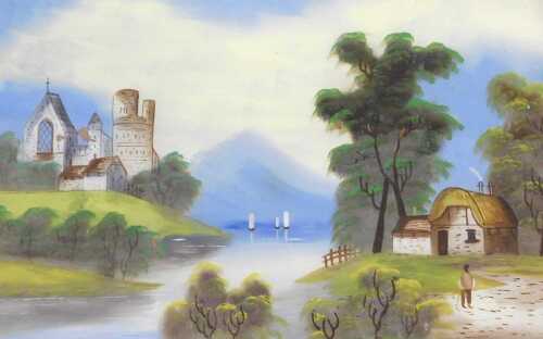 19thC School. A river landscape with a church and cottage, reverse painting on glass, 40cm x 60cm.