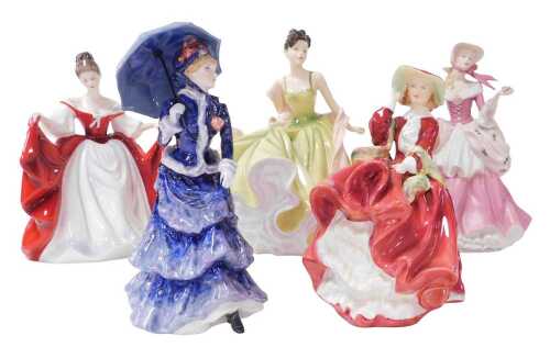 Five Royal Doulton figures, comprising Les Parapluies HN3473, Top O' The Hill HN1834, Sara...