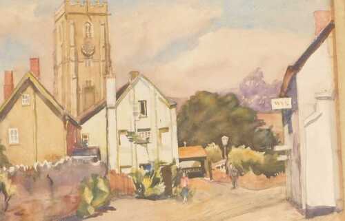 Miles Balmford Sharp (b1897). Woodbury Church, watercolour, 55cm x 37cm.