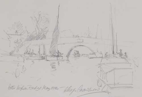 Alwyn Crawshaw (British 1934-2025). Potter Heigham Bridge, charcoal, signed, titled and dated...