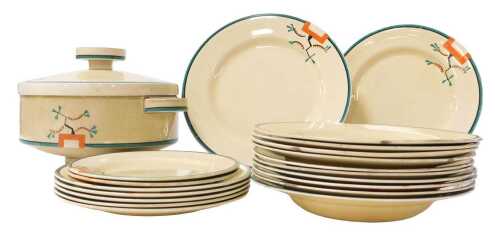 A Clarice Cliff Bizarre pottery part dinner service, decorated in the Ravel pattern, comprising...