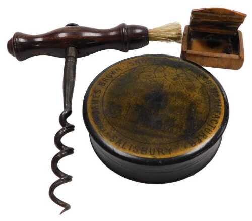 A Victorian rosewood handled corkscrew, with a horsehair brush, together with a James Brown...