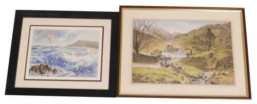 H.W Hearn. Seascape with seagull, watercolour, 25cm x 36cm, and a print after Alan Ingham,...