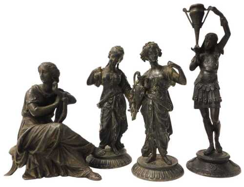 A pair of late 19thC French spelter figures, of Roman ladies, one holding an urn, 28.5cm high,...