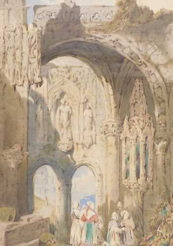 Continental School (late 19thC). Women in traditional costume, praying within an abbey ruins,...