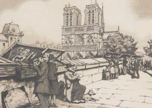 Marcel Julien Baron (French 1872-1956). Bouquinistes & Notredame, etching, signed, 24cm x 31cm.
