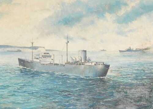 P Broughton (British 20thC). Naval and auxiliary ships off the coast of Dover, oil on board,...