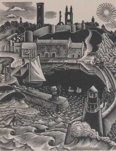 Jozef Sekalski (Polish Scottish 1904-1972). Harbour and Cathedral, St Andrews, woodcut print,...