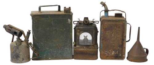 An early 20thC railway signal lamp, number 55/4, an Esso oil can, further can, blow torch, and...