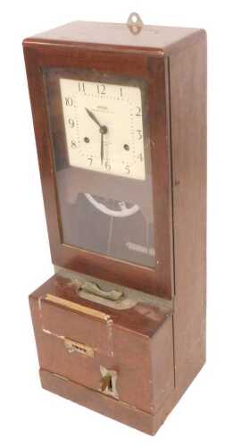 A mid century National Time Recorder Company Limited clocking in clock, mahogany cased, 90cm...