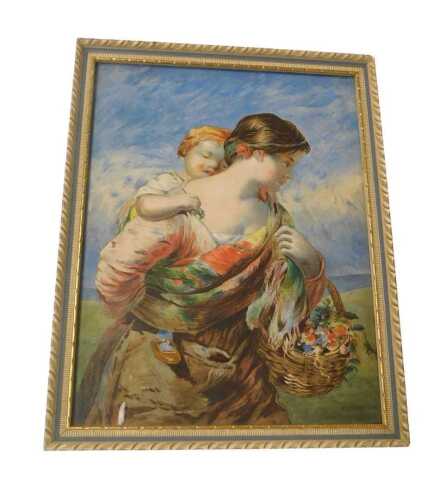 19thC School. Lady and child, watercolour, 23cm x 17.5cm.