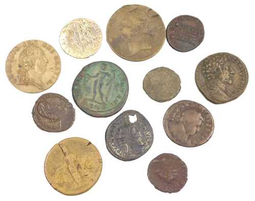 Assorted Roman bronze coinage, including Maximinus Constantius II, Hadrian, and Tetricus II. (a...