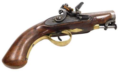 A 19thC large bore flintlock pistol by Webb of Dublin, with plain walnut stock and grip, brass...