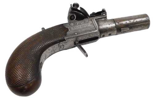 An early 19thC flintlock pocket pistol by Moore of London, with engraved lockplates and...