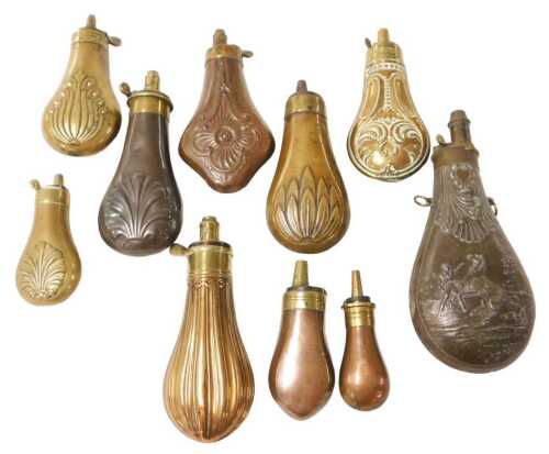 Ten small 19thC powder flasks, copper, brass and pewter, mainly with embossed decoration,...