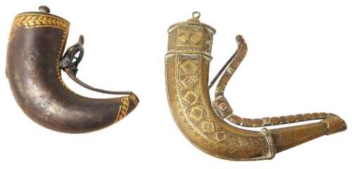 Two 19thC North African pistol powder flasks, both of horn shaped designs, the brass example...