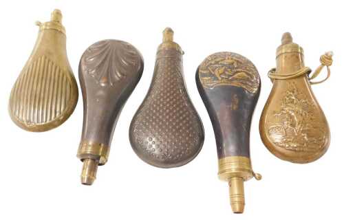 Five 19thC brass and copper powder flasks, with embossed decoration, including one by James...