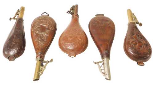 Five 19thC leather shot flasks, with embossed decoration of hunting scenes and dead game,...