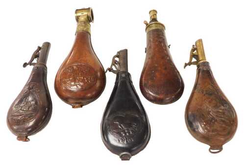Five 19thC leather shot flasks, decorated with hunting scenes, one with Sykes Patent hinged...