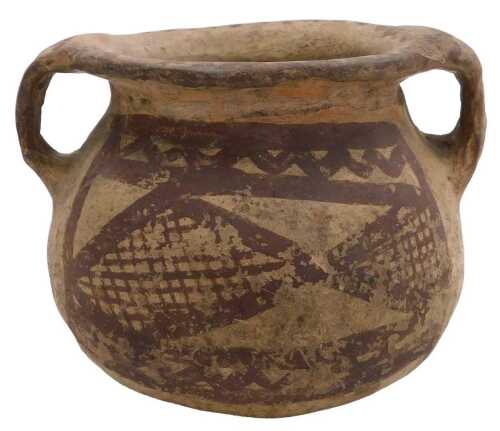 A Chinese Neolithic period clay pot, of twin handled form, with brown painted decoration of...
