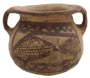 A Chinese Neolithic period clay pot, of twin handled form, with brown painted decoration of...