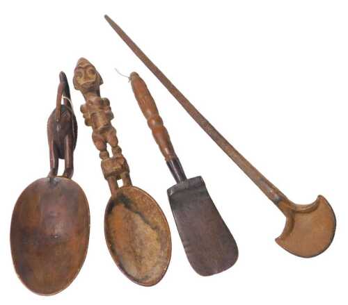 An African tribal spoon, with stylised bird handle, 41cm high, and another African spoon, 45cm...