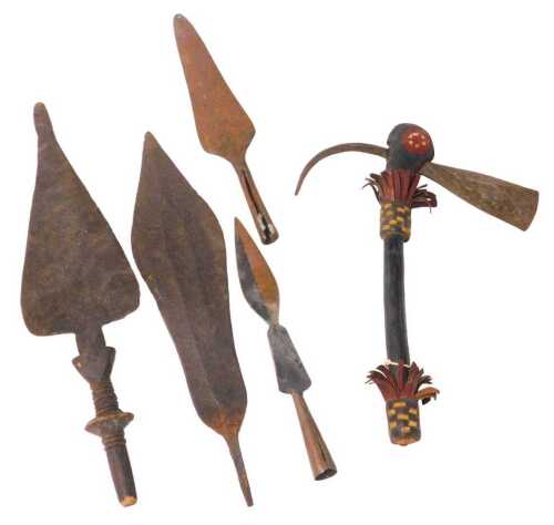 Four African tribal spear heads, various sizes, largest 47cm long, and a replica African tribal...