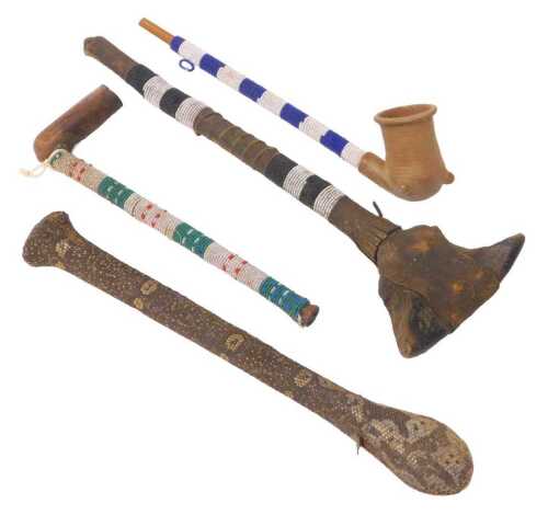 An African tribal ritual staff with reed work bands to handle, 41cm long, two African beadwork...