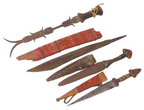 An African tribal knife or dagger, red painted thread decorated scabbard, possibly Zulu, and...