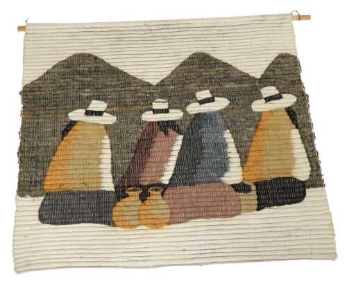 A 20thC woven Alpaca wall hanging, decorated with four cloaked figures wearing wide brimmed hats...