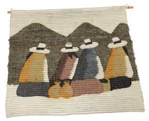 A 20thC woven Alpaca wall hanging, decorated with four cloaked figures wearing wide brimmed hats...