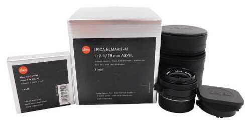 A Leica Elmarit-M 1:2.8/28mm ASPH lens, (11606), with original box and paperwork, and an E39 UV...
