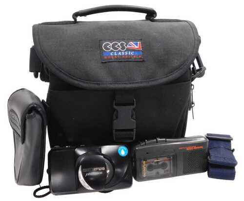 An Olympus 140 camera, dictating machine and camera bag. (3)