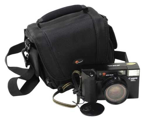 A Canon AF35ML camera, with lowe pro camera bag.