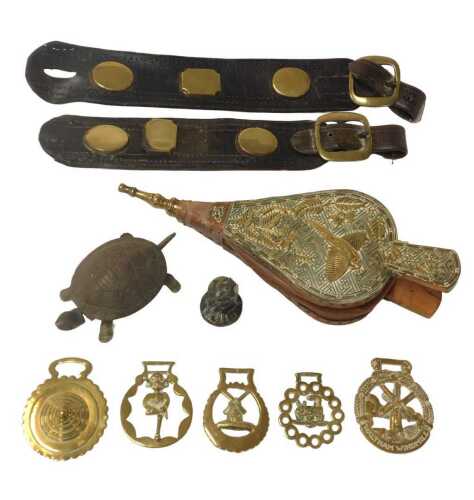 A bronzed iron tortoise desk bell, (AF), on aesthetic movement pair of brass bellows, various...