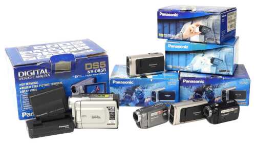 Five Panasonic camcorders, models SDR SW7 (x2), SDR SW20 (x2), and NV-DS5, all with original boxes.