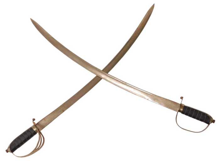 A pair of cavalry sabres, with a steel guard, and a wire bound black leather grip, curved blade...