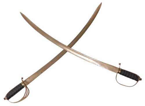 A pair of cavalry sabres, with a steel guard, and a wire bound black leather grip, curved blade...