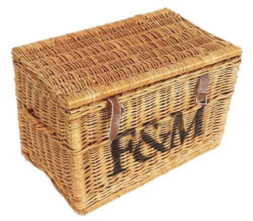 A Fortnum and Masons wicker picnic hamper, 38cm high, 59cm wide, 38cm deep.