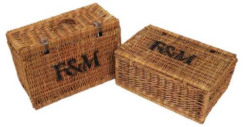 Two Fortnum and Masons wicker picnic hampers, 25cm high, 51cm wide, 35cm deep.