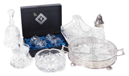 Various cut glass, to include a small basket, sugar caster, preserve jar and cover, ashtray,...