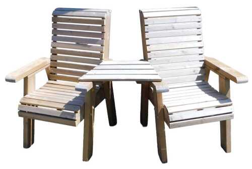 A garden tete-a-tete seat, each chair with a slatted seat and back joined by a table, 170cm wide.