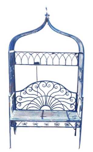 A wirework garden arbour, with bench beneath, 216cm high, 111cm wide, 50cm deep