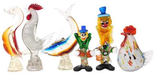 A Murano style glass figure of a rooster, together with a Murano duck, a shark, chicken, and two...