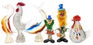A Murano style glass figure of a rooster, together with a Murano duck, a shark, chicken, and two...