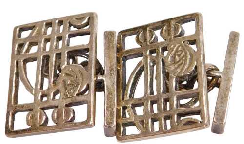 A pair of Rennie Mackintosh design white metal cufflinks, cased.