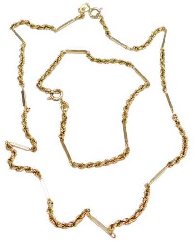 A 9ct gold chain necklet and matching bracelet, with rope and bar links, 10.2g.