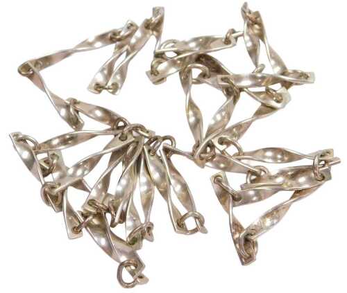 A modern long white metal necklace, with twisted links.