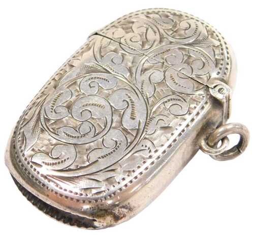 An Edwardian silver vesta case, with vacant cartouche, engraved overall with scrolls, Birmingham...