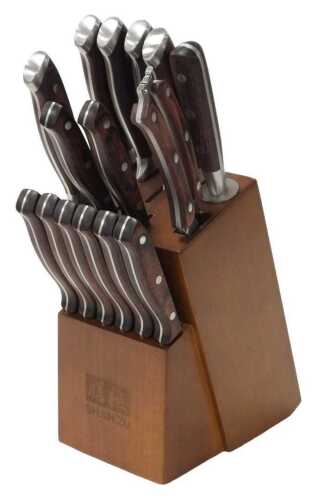 A Shanzu knife block, containing thirteen knives of varying sizes, a sharpener, and a pair of...